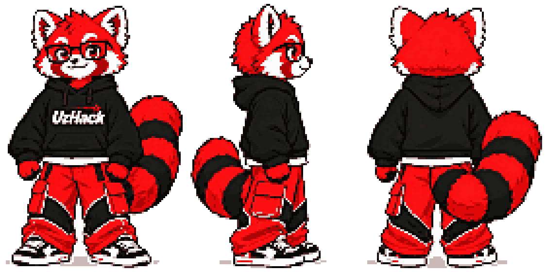 Polvon, the UzHack red panda mascot, shown from the front, side and back
